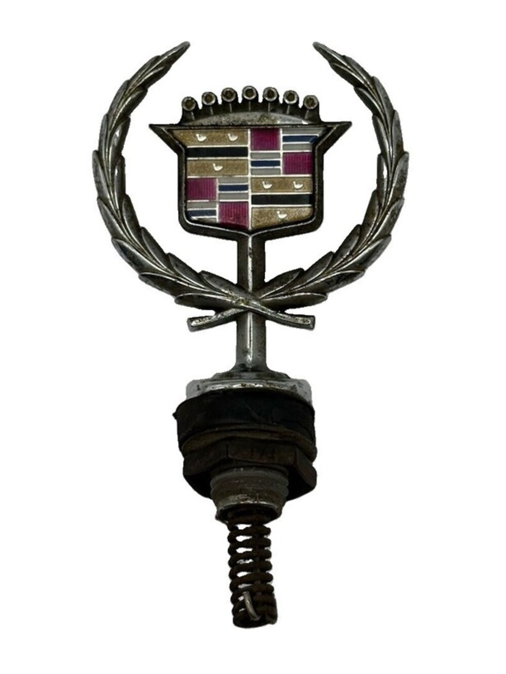 Vintage Cadillac Wreath & Crest Hood Ornament Emblem Spring Mount Automobilia